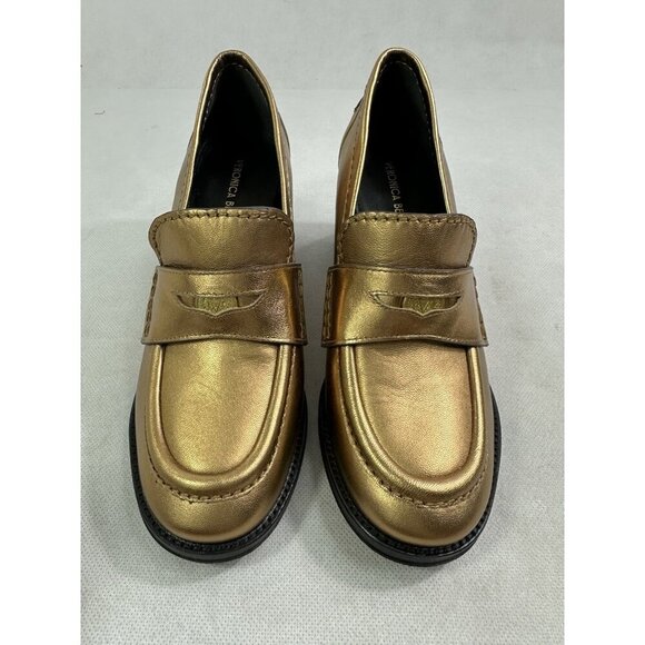 Veronica Beard Shoes - Veronica Beard Metallic Penny Loafer Block Heel Dark Gold Leather Womens 7